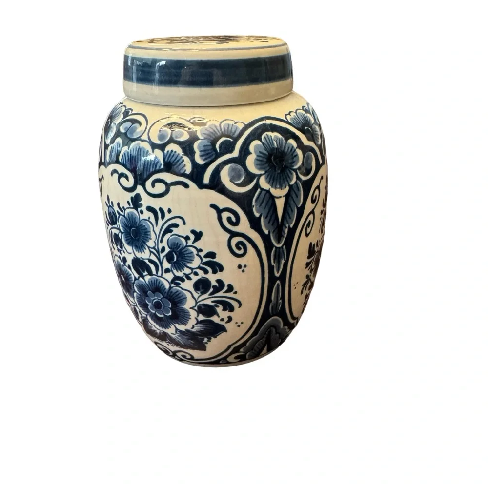 Vintage 1960s Danish Delft Fine Porcelain Ginger Jar With Lid
